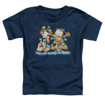Navy kid's t-shirt for ages 4 to 7 with Garfield Bright Holidays graphic