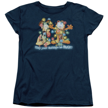 Navy women's t-shirt with Garfield Bright Holidays graphic