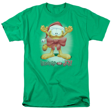 Kelly green men's regular fit t-shirt with Garfield Unwrap The Joy! graphic