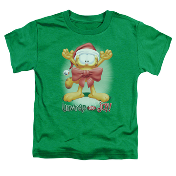 Kelly green kid's t-shirt for ages 4 to 7 with Garfield Unwrap The Joy! graphic