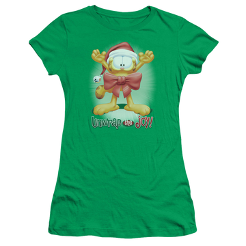 Kelly green juniors t-shirt with Garfield Unwrap The Joy! graphic
