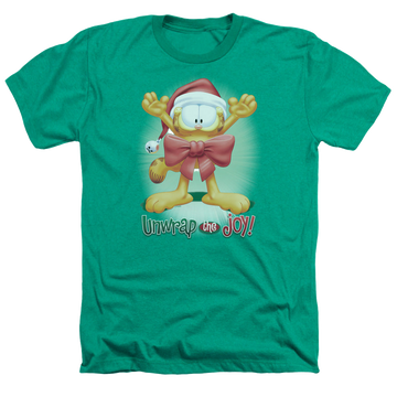 Kelly green men's heather t-shirt with Garfield Unwrap The Joy! graphic