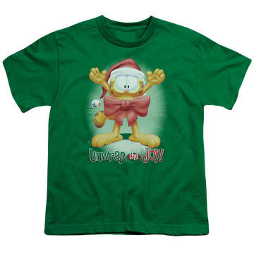 Kelly green youth t-shirt for ages 8 to 12 with Garfield Unwrap The Joy! graphic