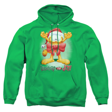 Kelly green pullover hoodie with Garfield Unwrap The Joy! graphic