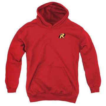 Red youth hoodie for ages 8 to 12 with Batman Robin Logo graphic