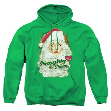 Kelly green pullover hoodie with I Love Lucy Santa graphic