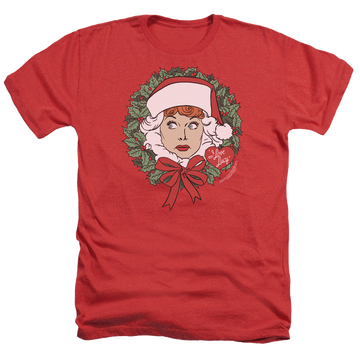 Red men's heather t-shirt with I Love Lucy Wreath graphic