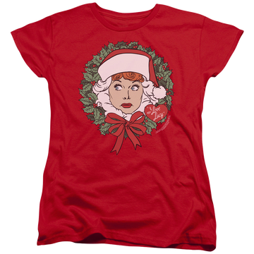 Red women's t-shirt with I Love Lucy Wreath graphic