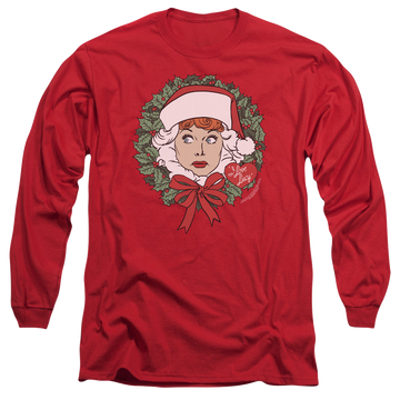 Red men's long sleeve t-shirt with I Love Lucy Wreath graphic