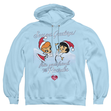 Light blue pullover hoodie with I Love Lucy Animated Christmas graphic