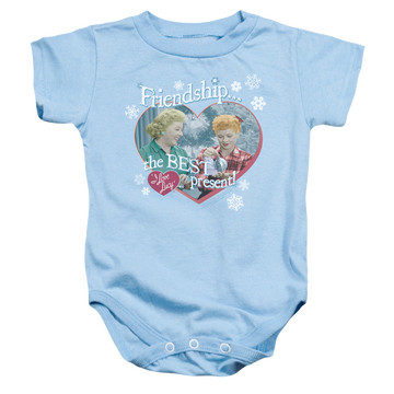 Light blue baby bodysuit with I Love Lucy The Best Present graphic