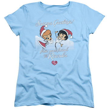 Light blue women's t-shirt with I Love Lucy Animated Christmas graphic