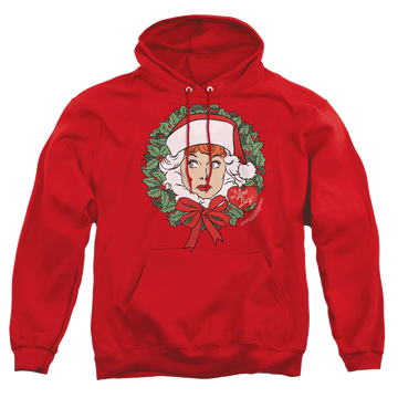 Red pullover hoodie with I Love Lucy Wreath graphic