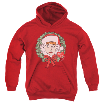 Red youth hoodie for ages 8 to 12 with I Love Lucy Wreath graphic