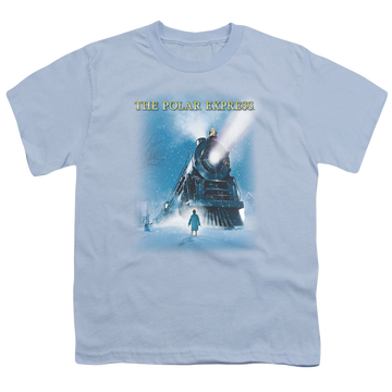 Light blue youth t-shirt for ages 8 to 12 with Polar Express Big Train graphic