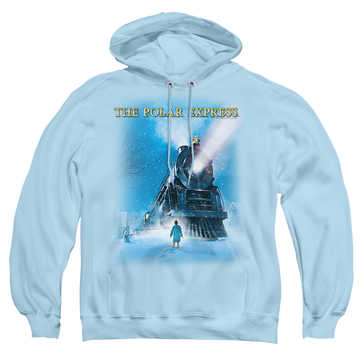 Light blue pullover hoodie with Polar Express Big Train graphic