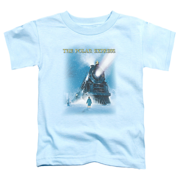 Light blue kid's t-shirt for ages 4 to 7 with Polar Express Big Train graphic