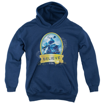 Navy youth hoodie for ages 8 to 12 with Polar Express True Believer graphic