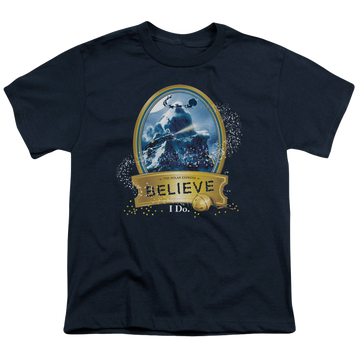 Navy youth t-shirt for ages 8 to 12 with Polar Express True Believer graphic