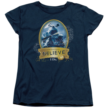 Navy women's t-shirt with Polar Express True Believer graphic