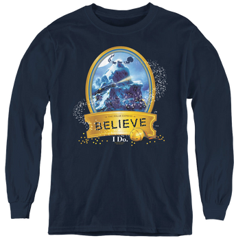 Navy youth long sleeve t-shirt with Polar Express True Believer graphic