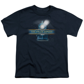 Navy youth t-shirt for ages 8 to 12 with Polar Express Rain Logo graphic