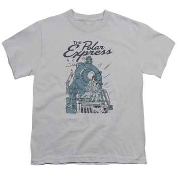 Silver youth t-shirt for ages 8 to 12 with Polar Express Rail Riders graphic