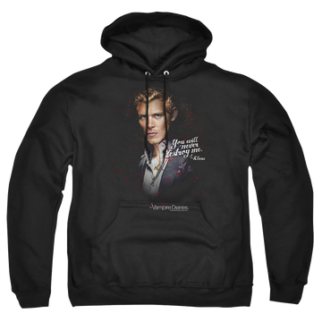 Black pullover hoodie with The Vampire Diaries Never Destroy graphic