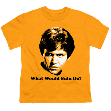 Gold kid's t-shirt for ages 4 to 7 with Star Trek The Original Series What Would Sulu Do graphic