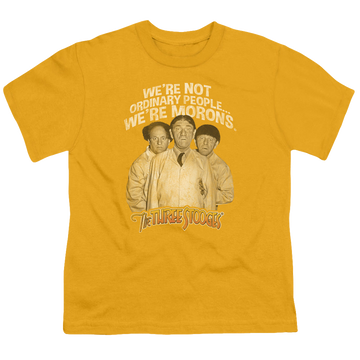 Gold kid's t-shirt for ages 4 to 7 with The Three Stooges Morons graphic