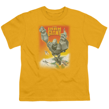 Gold kid's t-shirt for ages 4 to 7 with The Iron Giant Fly Away graphic