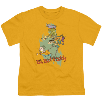 Gold kid's t-shirt for ages 4 to 7 with Ed, Edd n Eddy Free Fall graphic