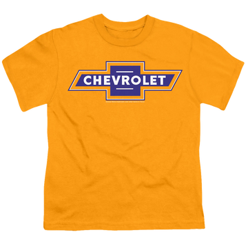Gold kid's t-shirt for ages 4 to 7 with Chevrolet Blue And Gold Vintage Bowtie graphic