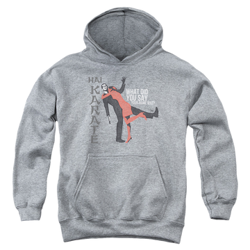 Athletic heather youth hoodie for ages 8 to 12 with Hai Karate Name graphic