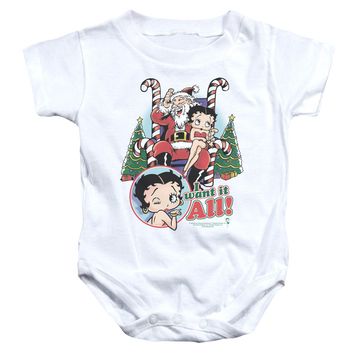 White baby bodysuit with Betty Boop I Want It All graphic