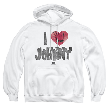 White pullover hoodie with Johnny Bravo I Heart Johnny graphic