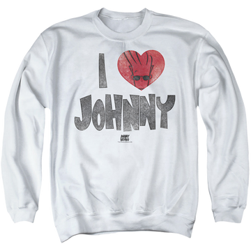 White men's crewneck sweatshirt with Johnny Bravo I Heart Johnny graphic