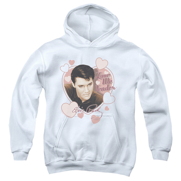 White youth hoodie for ages 8 to 12 with Elvis Presley Love Me Tender graphic