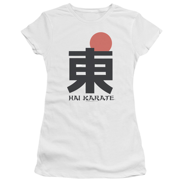 White juniors t-shirt with Hai Karate Logo graphic