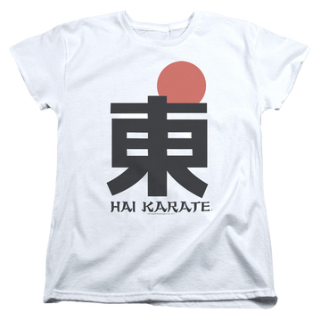 White women's t-shirt with Hai Karate Logo graphic