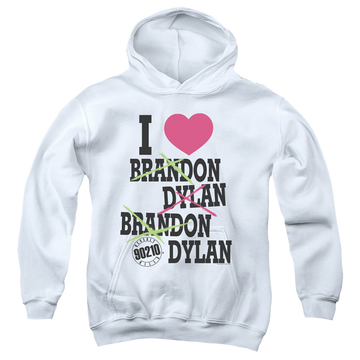 White youth hoodie for ages 8 to 12 with Beverly Hills 90210 I Heart 90210 graphic