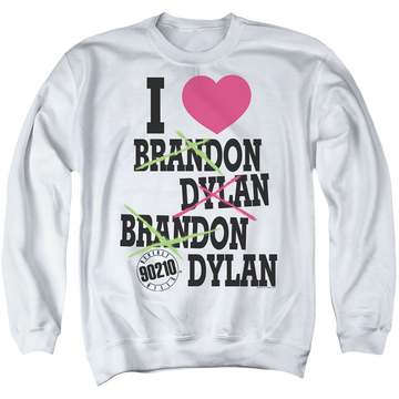 White men's crewneck sweatshirt with Beverly Hills 90210 I Heart 90210 graphic