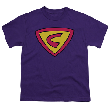 Purple youth t-shirt for ages 8 to 12 with Cow & Chicken Super Cow Logo graphic