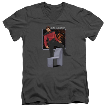 Charcoal men's v-neck t-shirt with Star Trek The Next Generation Is This Seat Taken graphic