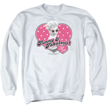 White men's crewneck sweatshirt with I Love Lucy Funny & Fabulous graphic