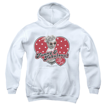 White youth hoodie for ages 8 to 12 with I Love Lucy Funny & Fabulous graphic
