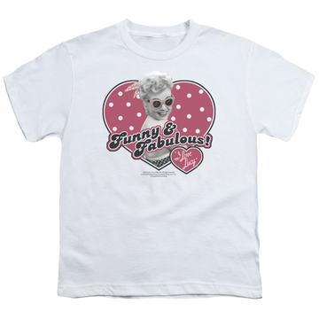 White youth t-shirt for ages 8 to 12 with I Love Lucy Funny & Fabulous graphic