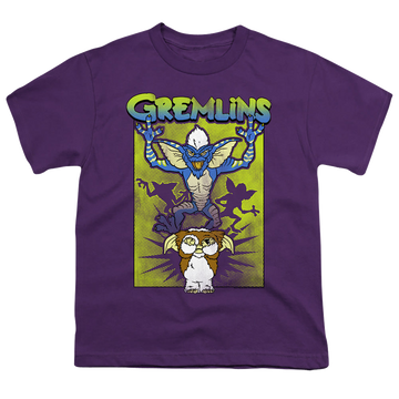 Purple youth t-shirt for ages 8 to 12 with Gremlins Be Afraid graphic