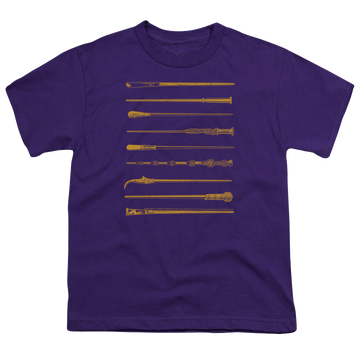 Purple youth t-shirt for ages 8 to 12 with Fantastic Beasts and the Crimes of Grindlewald Wands graphic