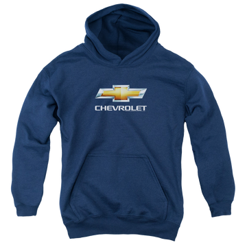 Navy youth hoodie for ages 8 to 12 with Chevrolet Chevy Bowtie Stacked graphic